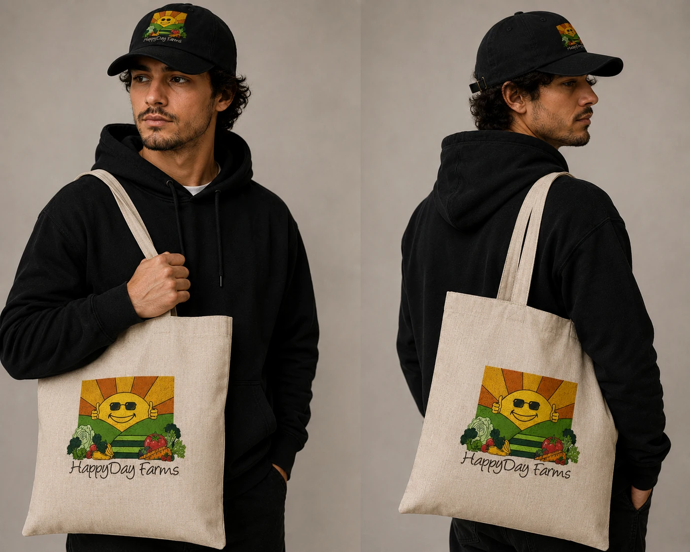HappyDay Farms black cap and canvas tote shown front and back